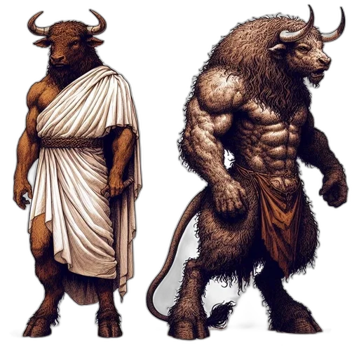 concept art, fantasy art, comic book art, image, two, bull-like, anthropomorphic, creatures transparent PNG cut-out
