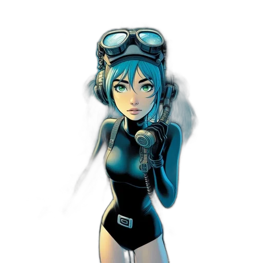 robot, staff, comic book art, concept art, cartoon, anime, underwater, blue transparent PNG cut-out