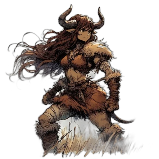 fantasy art, concept art, comic book art, pixel art, earth tones, female, character, horns transparent PNG cut-out