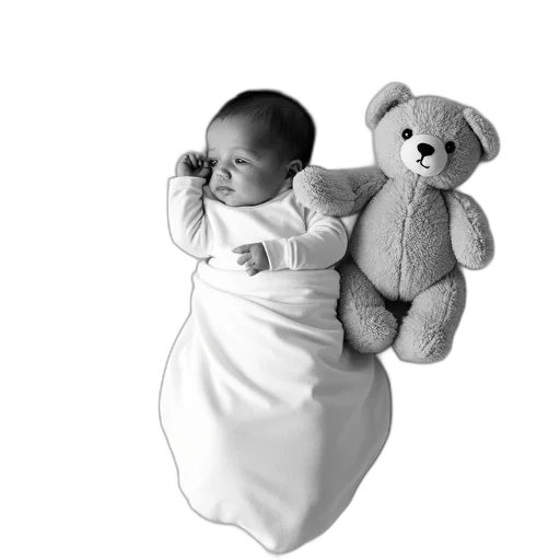 photorealistic, 3d render, black, white, photograph, baby, lying, bed transparent PNG cut-out