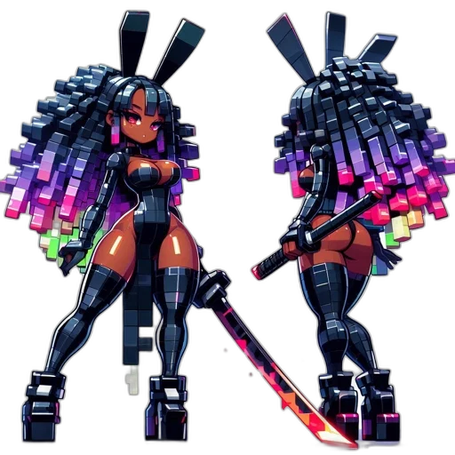 cyberpunk, concept art, 3d render, pixel art, neon, colorful, dark, two transparent PNG cut-out