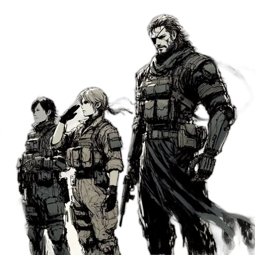 weapon, concept art, comic book art, fantasy art, cyberpunk, monochrome, group, characters transparent PNG cut-out