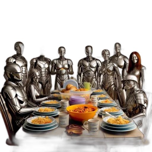 food, robot, 3d render, concept art, fantasy art, photorealistic, outer space, dining transparent PNG cut-out