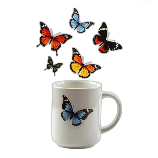 photorealistic, 3d render, white, ceramic, mug, colorful, butterfly, design transparent PNG cut-out