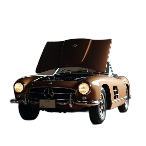 car, 3d render, photorealistic, vintage, hood, open, parked, garage transparent PNG cut-out