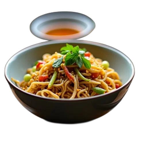 food, photorealistic, 3d render, bowl, stir-fried, vegetables, noodles, garnished transparent PNG cut-out