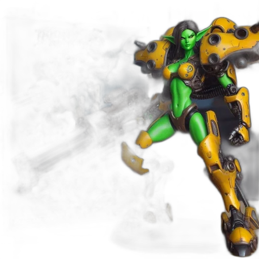 robot, weapon, concept art, 3d render, fantasy art, comic book art, outer space, green transparent PNG cut-out