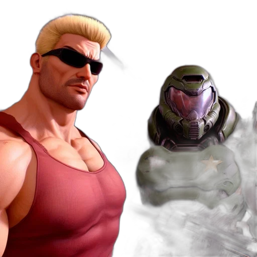 concept art, 3d render, comic book art, two, animated, characters, stand, dimly transparent PNG cut-out