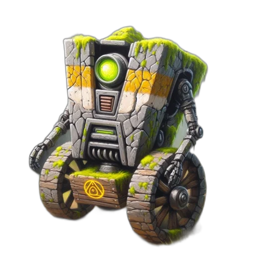 robot, weapon, car, concept art, 3d render, stone, single, green transparent PNG cut-out