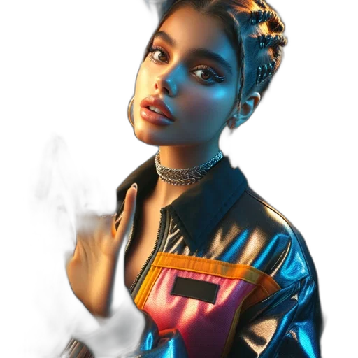 jacket, jewelry, face, photorealistic, concept art, fantasy art, cyberpunk, neon lights transparent PNG cut-out
