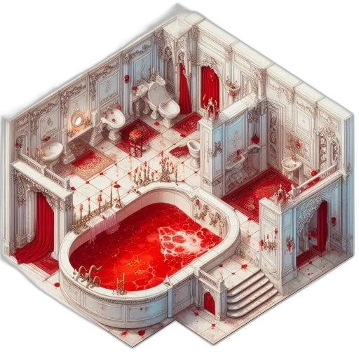 building, concept art, pixel art, 3d render, fantasy art, red, luxurious, bathroom transparent PNG cut-out