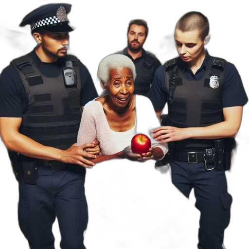 two, police, officers, escort, elderly, woman, carrying, basket transparent PNG cut-out