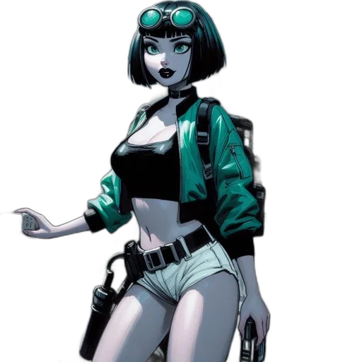 robot, comic book art, cyberpunk, concept art, cartoon, green, female, animated transparent PNG cut-out