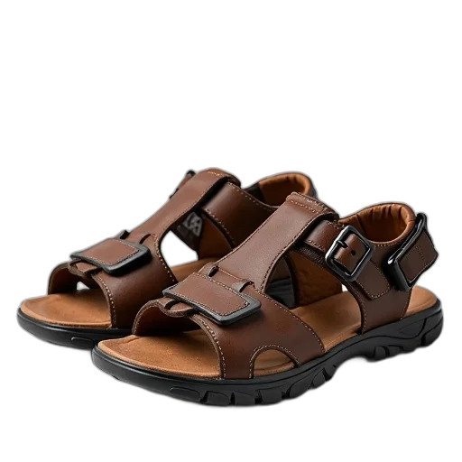 shoes, pair, brown, black, sandals, strap, buckle, featuring transparent PNG cut-out