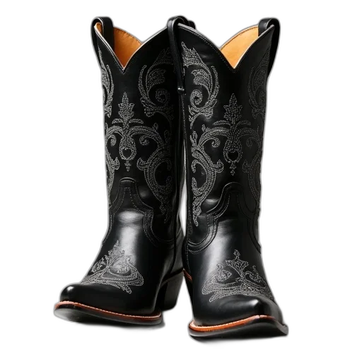 shoes, pair, black, cowboy, boots, intricate, floral, patterns transparent PNG cut-out