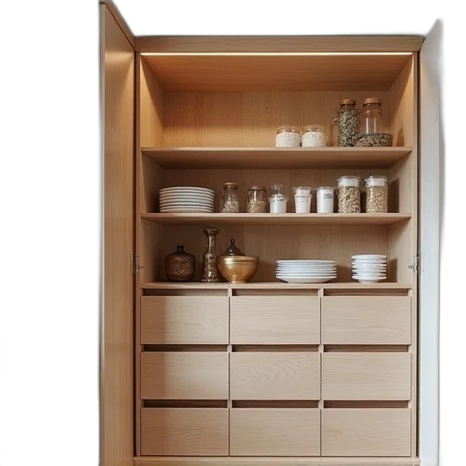 furniture, 3d render, photorealistic, earth tones, pullout, pantry, shelves transparent PNG cut-out