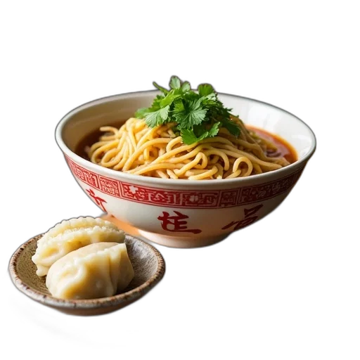 food, photorealistic, bowl, noodles, green, garnish, small, dish transparent PNG cut-out