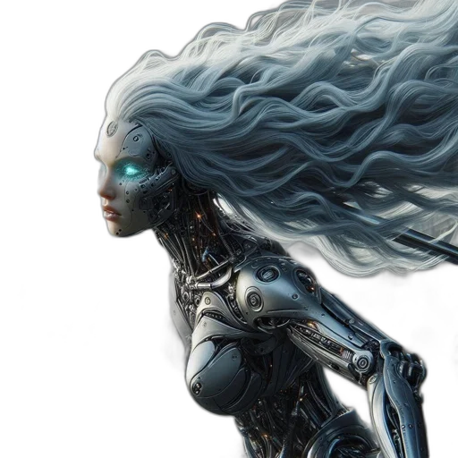 robot, hair, concept art, fantasy art, comic book art, cyberpunk, blue, futuristic transparent PNG cut-out