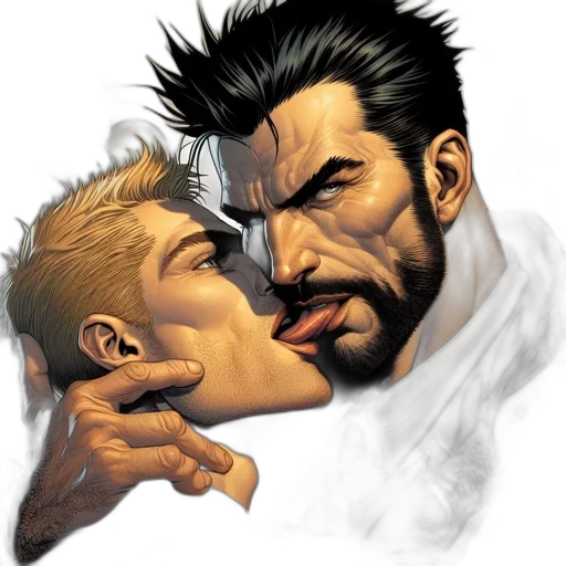 comic book art, concept art, photorealistic, emotive, illustration, two, men, intimate transparent PNG cut-out