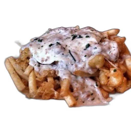 food, crown, photorealistic, 3d render, plate, fries, covered, gravy transparent PNG cut-out