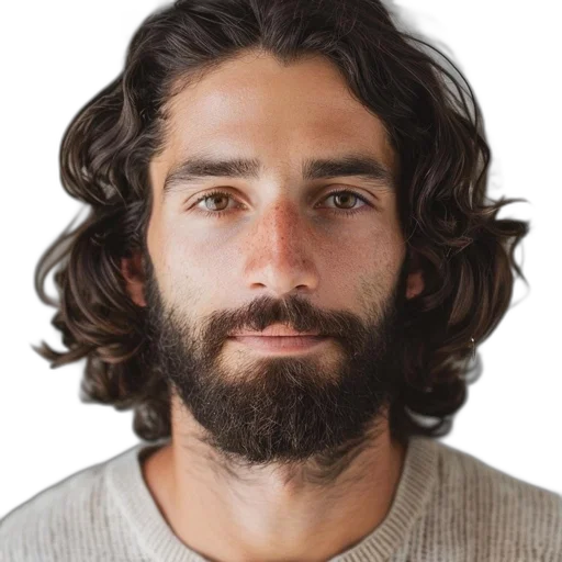 face, hair, staff, jacket, photorealistic, man, long, brown transparent PNG cut-out