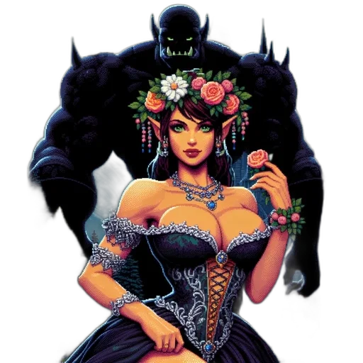 dress, jewelry, comic book art, fantasy art, pixel art, concept art, dark, ethereal transparent PNG cut-out