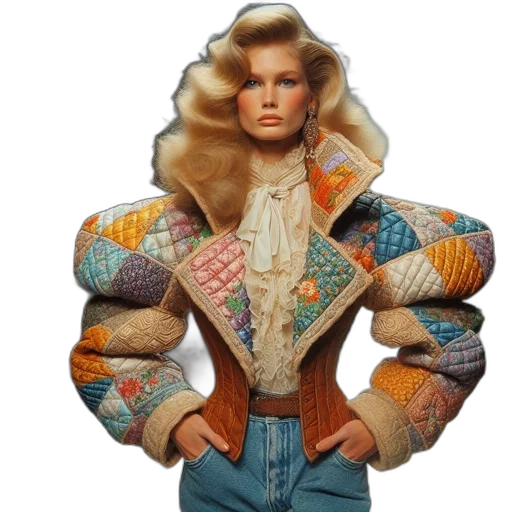 jacket, model, 70s, inspired, hairstyle, struts, down, catwalk transparent PNG cut-out
