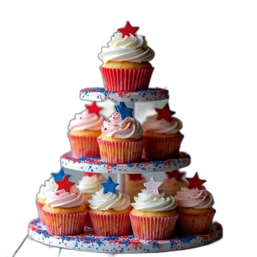 food, 3d render, cupcake, tower, cupcakes, american, flag, decorations transparent PNG cut-out