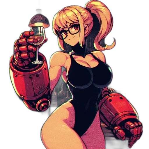 robot, weapon, bottle, dress, pixel art, cyberpunk, concept art, comic book art transparent PNG cut-out