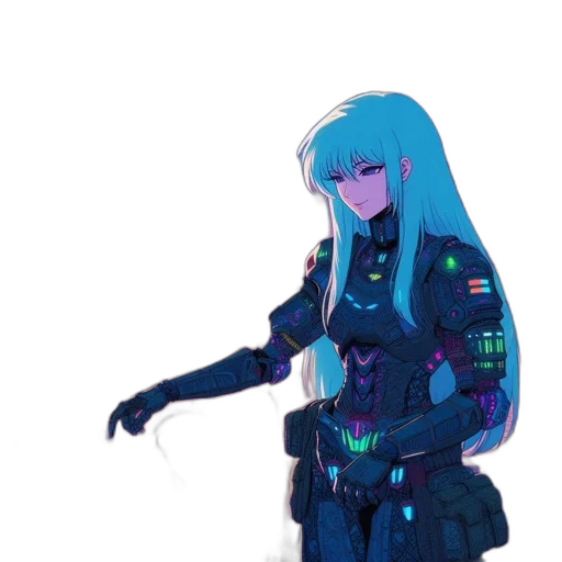 robot, jacket, dress, weapon, cyberpunk, concept art, vaporwave, pixel art transparent PNG cut-out