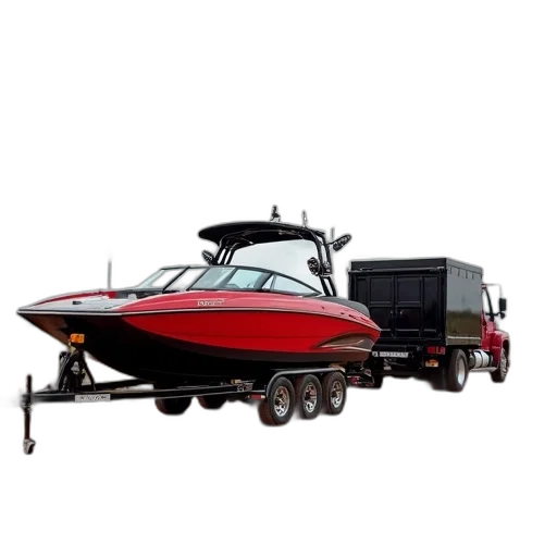 red, black, speedboat, being, towed, truck, dirt, road transparent PNG cut-out