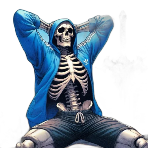 jacket, concept art, comic book art, 3d render, photorealistic, blue, skeletal, figure transparent PNG cut-out