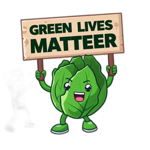 green, anthropomorphic, smiling, cabbage, holds, lives, matter, sign transparent PNG cut-out