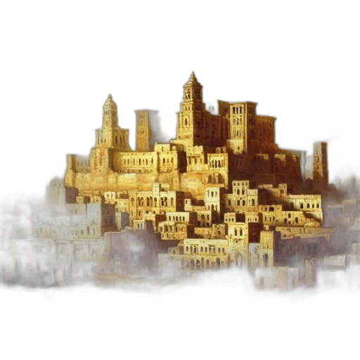 concept art, fantasy art, watercolor, photorealistic, city street, fog, golden, earth tones transparent PNG cut-out