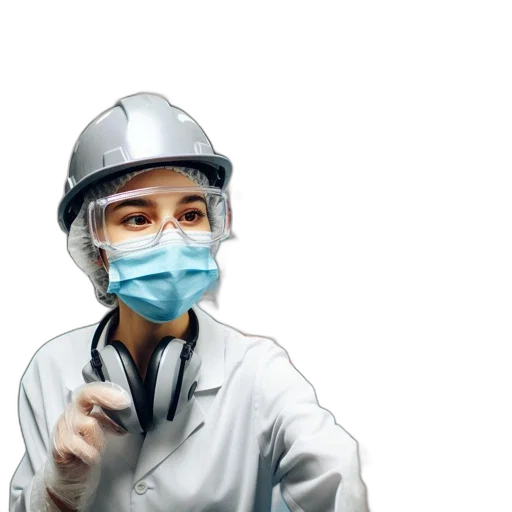 staff, mask, 3d render, woman, protective, gear, inspects, records transparent PNG cut-out