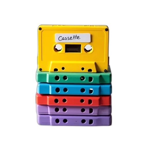colorful, neon, pastel, stack, cassette, tapes, yellow, one transparent PNG cut-out