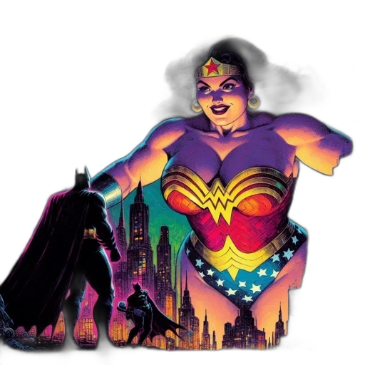 comic book art, concept art, wonder, woman, batman, stand, city, night transparent PNG cut-out