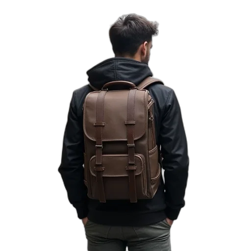 jacket, 3d render, cyberpunk, dark, earth tones, man, casual, backpack transparent PNG cut-out