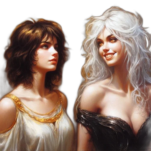 fantasy art, concept art, oil painting, photorealistic, fire, golden, two, women transparent PNG cut-out