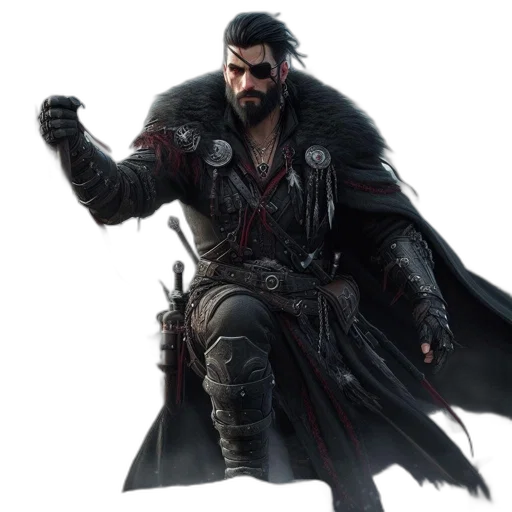 jacket, sword, weapon, concept art, fantasy art, 3d render, photorealistic, dark transparent PNG cut-out