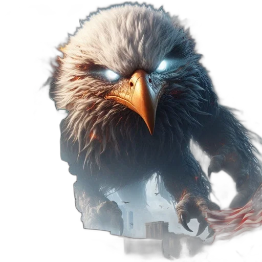 concept art, photorealistic, 3d render, eagle, glowing, eyes, descends, upon transparent PNG cut-out