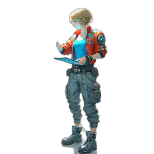 jacket, robot, weapon, staff, concept art, 3d render, cyberpunk, vaporwave transparent PNG cut-out