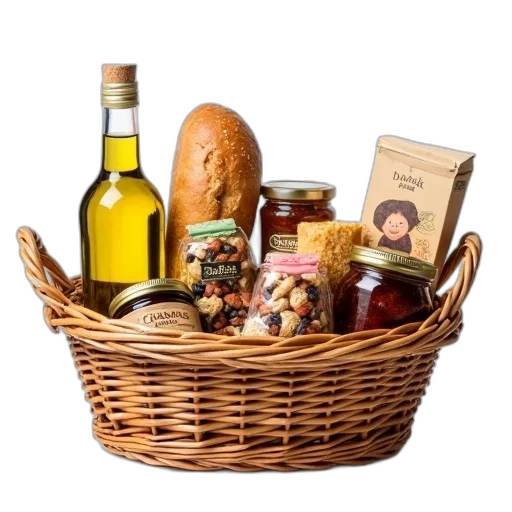 food, wicker, basket, filled, various, items, placed, against transparent PNG cut-out