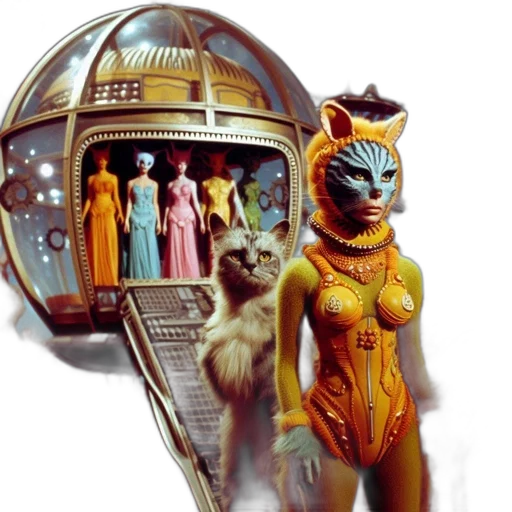 robot, mask, jewelry, concept art, fantasy art, comic book art, outer space, feline-featured transparent PNG cut-out