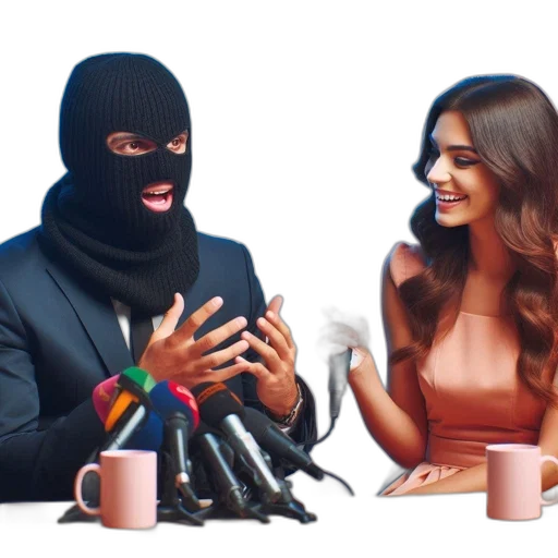 mask, concept art, man, black, speaks, into, mic, while transparent PNG cut-out
