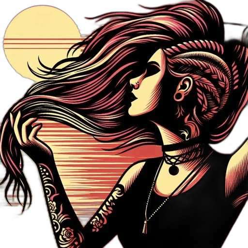 hair, jewelry, comic book art, cartoon, fantasy art, concept art, neon lights, golden transparent PNG cut-out