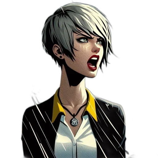 staff, face, jacket, comic book art, concept art, cartoon, pixel art, woman transparent PNG cut-out