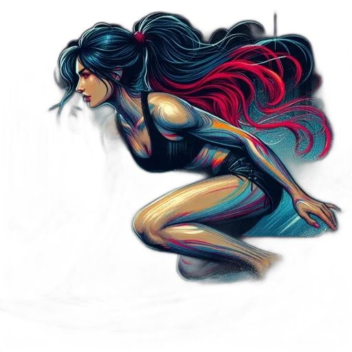 hair, dress, comic book art, fantasy art, concept art, cyberpunk, red, dark transparent PNG cut-out