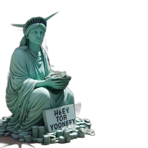 statue, liberty, replica, holds, coin-filled, bowl, amidst, bustling transparent PNG cut-out