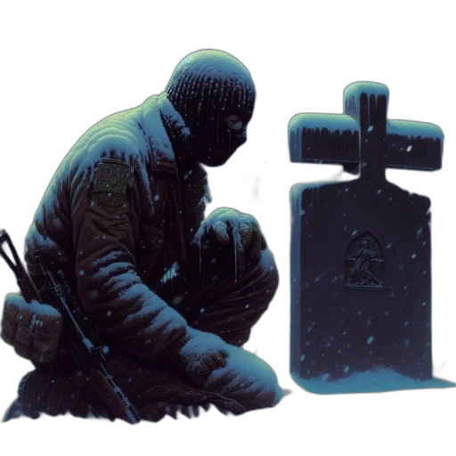 concept art, 3d render, photorealistic, soldier, kneels, snowy, graveyard, amidst transparent PNG cut-out